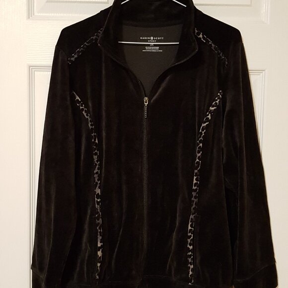 Karen Scott Women's Zippered Velour Sweatshirt ~ Deep Black ~ Size L (Large) ~ - Picture 2 of 4